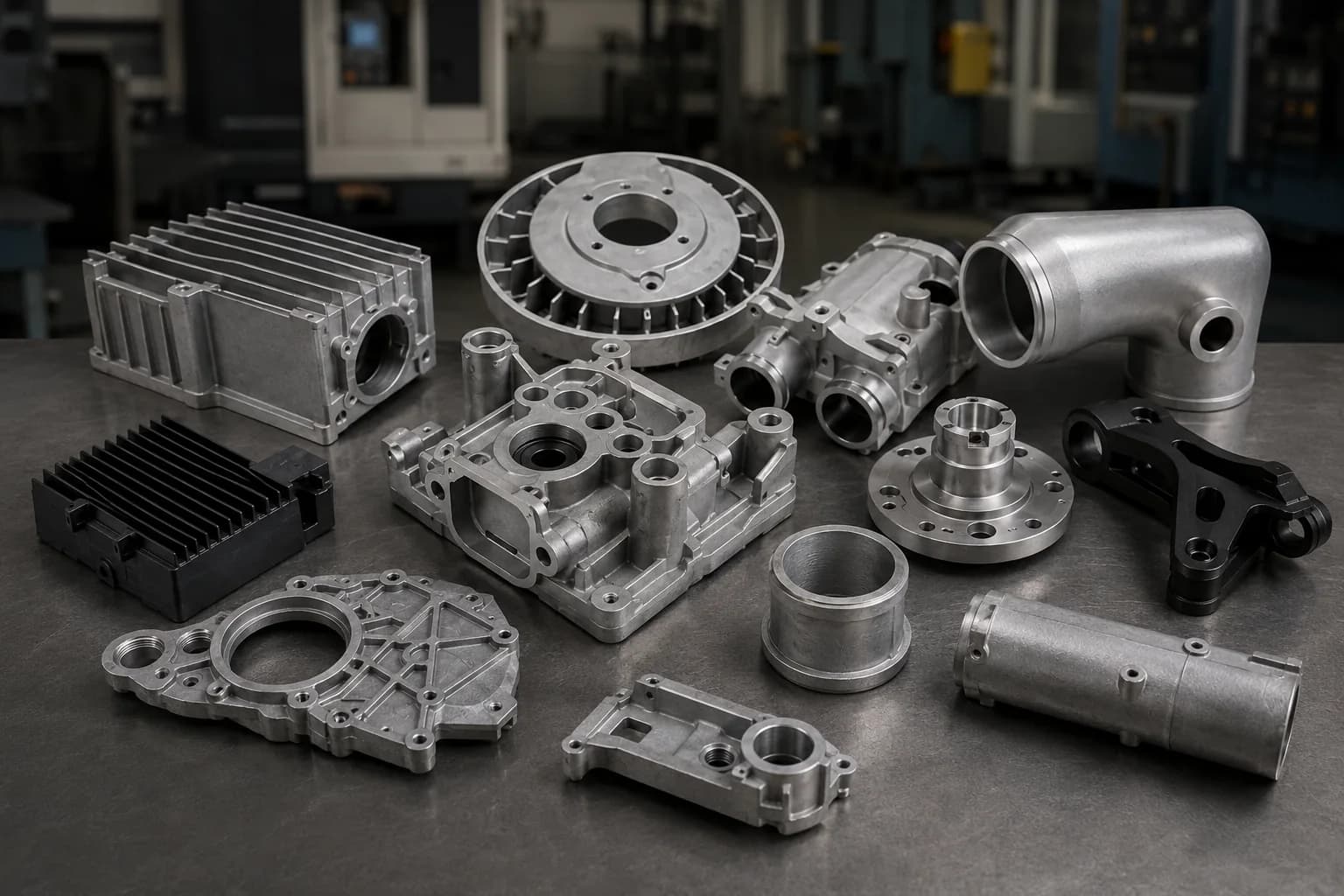 Die-cast component housings and structural parts on a workbench