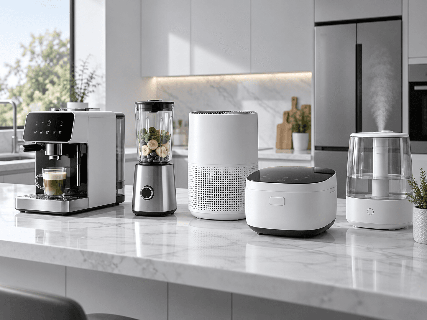 Home appliances with molded housings and control panels in a kitchen