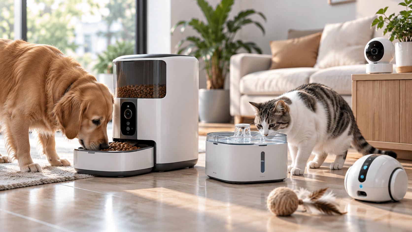 Dog and cat using connected pet feeder water and camera products